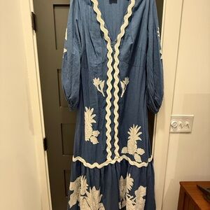 FARM Rio Blue Maxi Dress with White Pineapple Embroidery